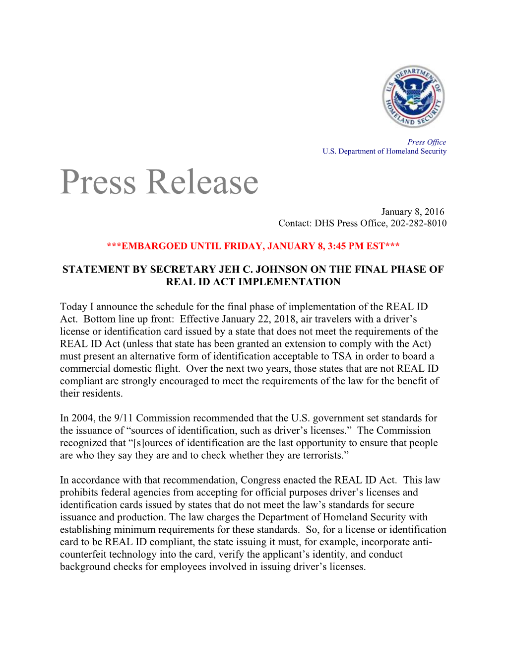 Statement by Secretary Jeh C. Johnson on the Final Phase of Real Id Act Implementation