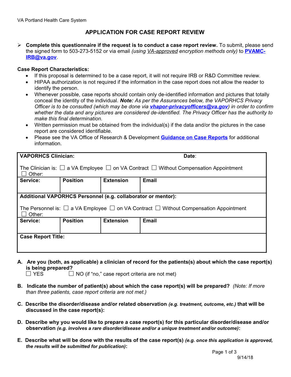 Application for Case Report Review (Portland VA Medical Center)