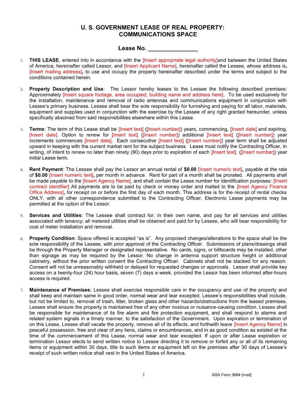 U. S. GOVERNMENTLEASE of REAL PROPERTY:COMMUNICATIONS Spacelease No. ______