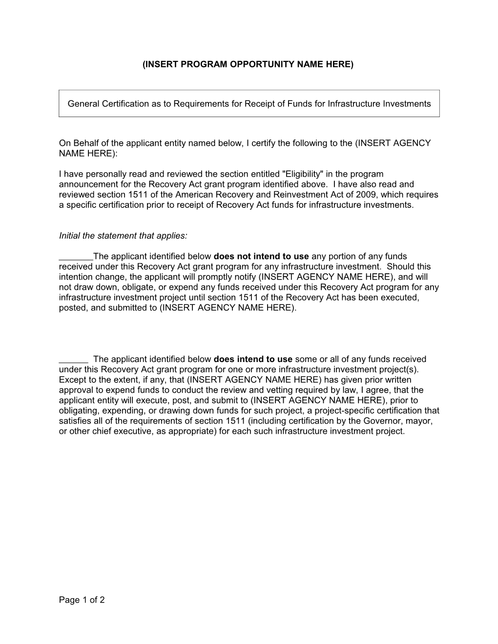 Certification As to Recovery Act Reporting Requirements
