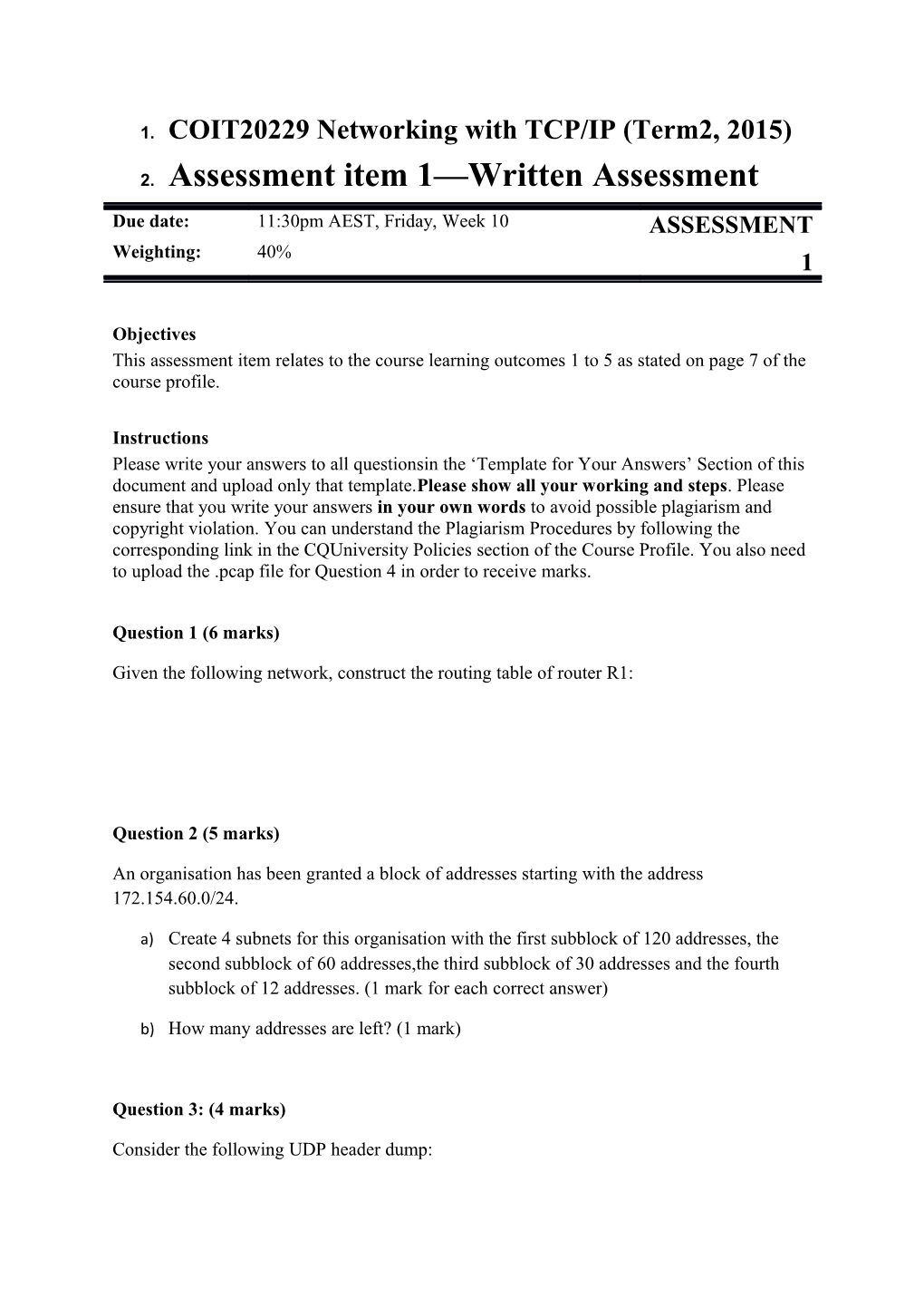 COIT20229 Networking with TCP/IP (Term2, 2015)