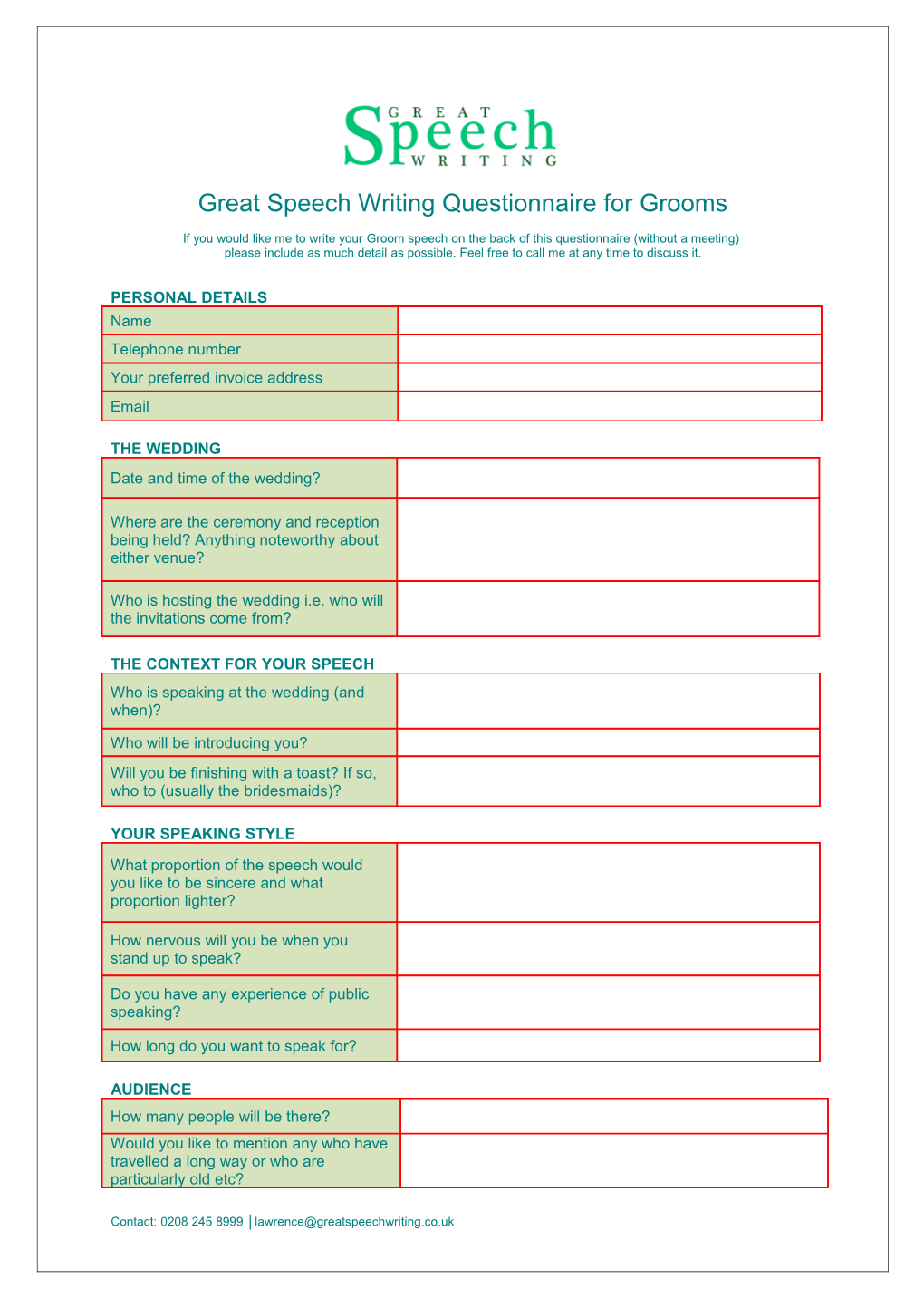 Great Speech Writing Questionnaire for Grooms
