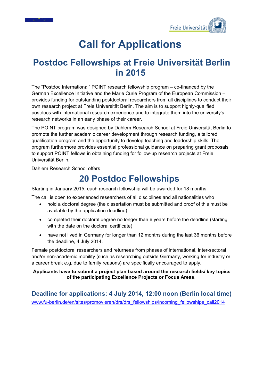 Postdoc Fellowships at Freie Universität Berlin in 2015