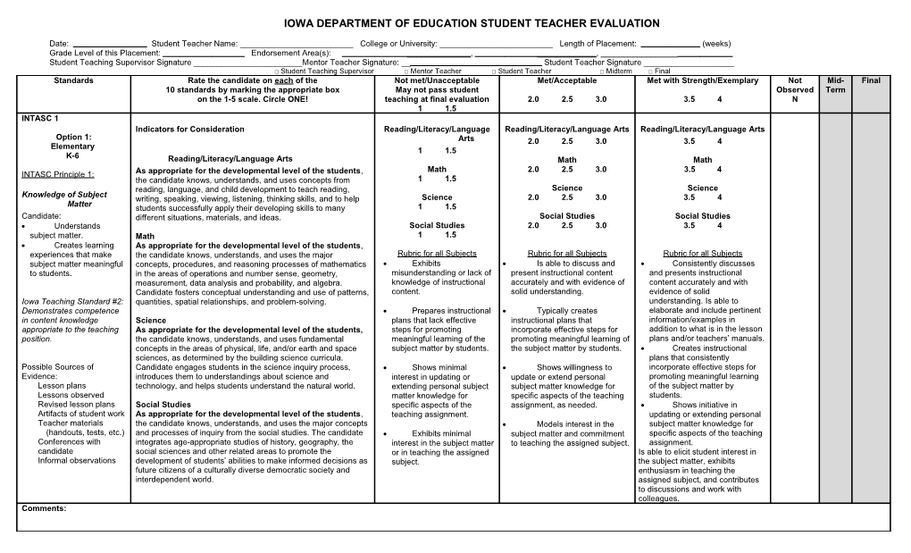 Iowa Department of Education Student Teacher Evaluation