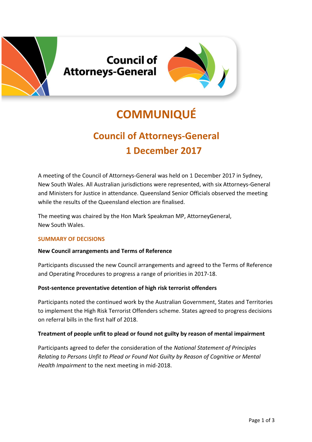 Council of Attorneys-General Communique December 2017