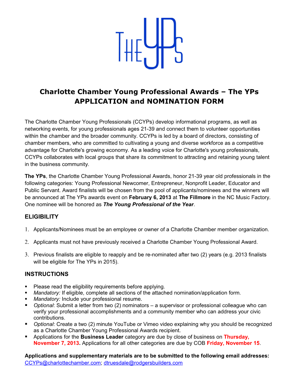 Charlotte Chamber Young Professional Awards the Yps APPLICATION and NOMINATION FORM