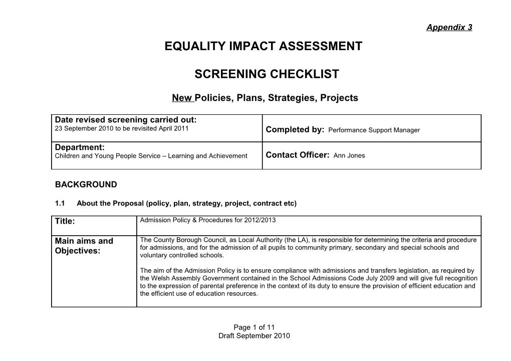 Equality Impact Assessment - Initial Screening Checklist