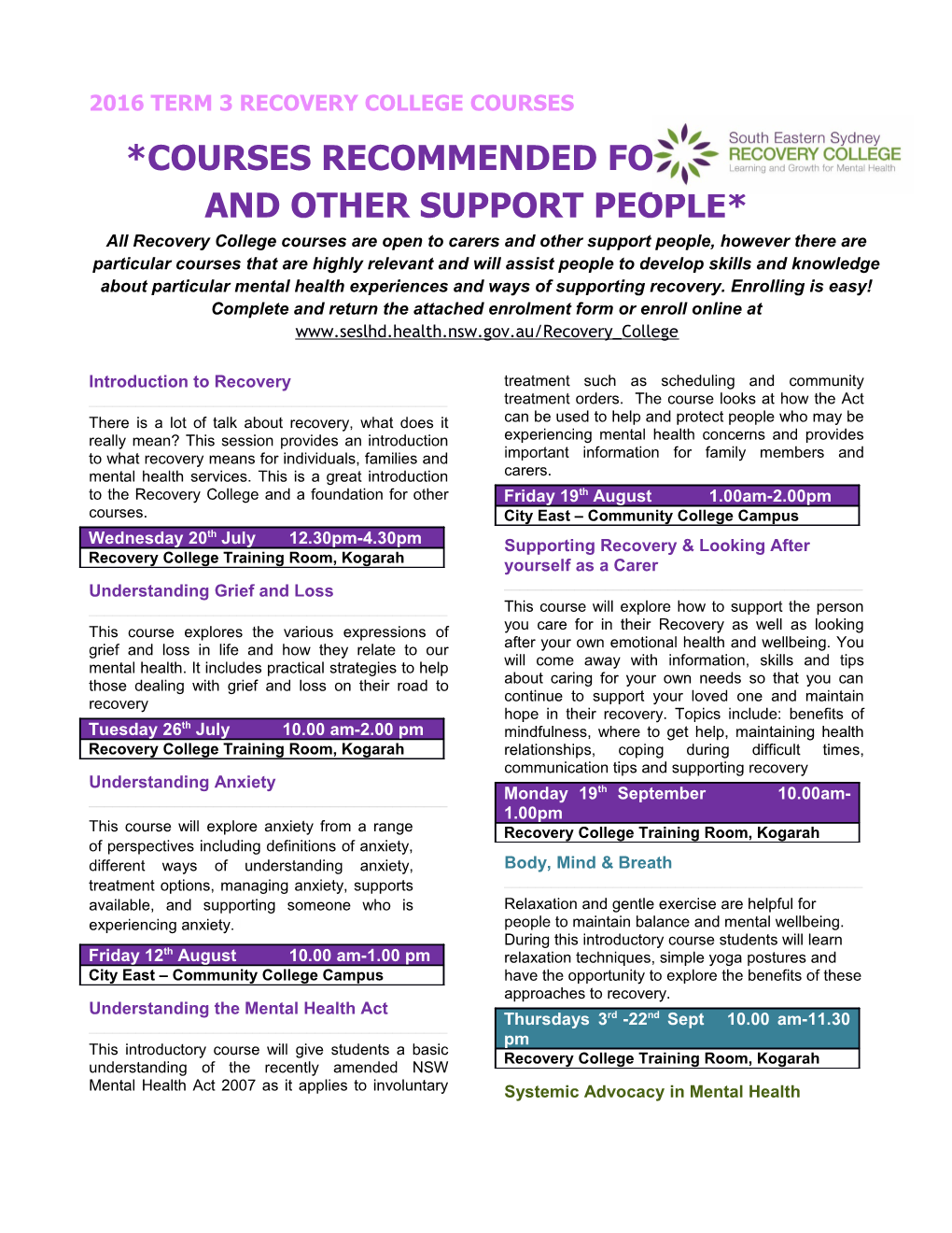 *Courses Recommended for Carers and Other Support People*