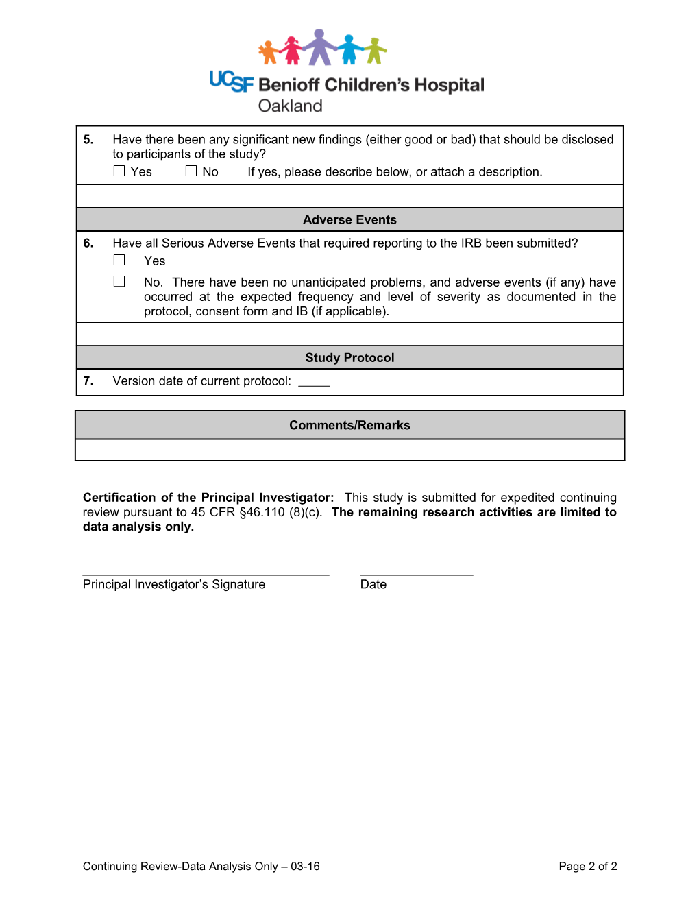 Application for Continuing Review