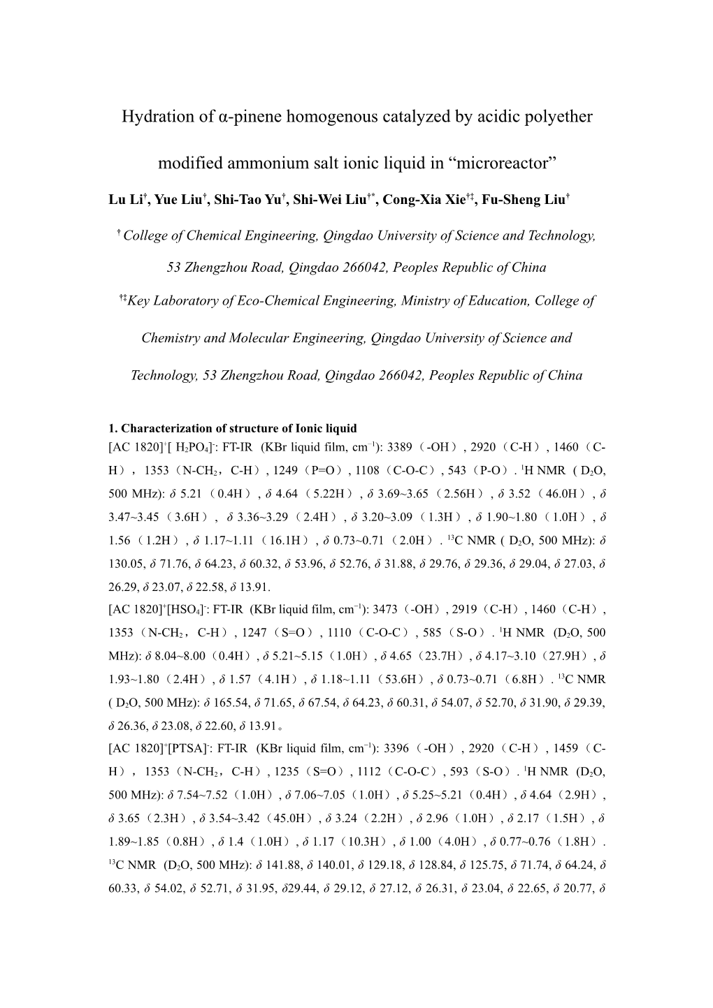 Hydration of Α-Pinene Homogenous Catalyzed by Acidic Polyether Modified Ammonium Salt Ionic