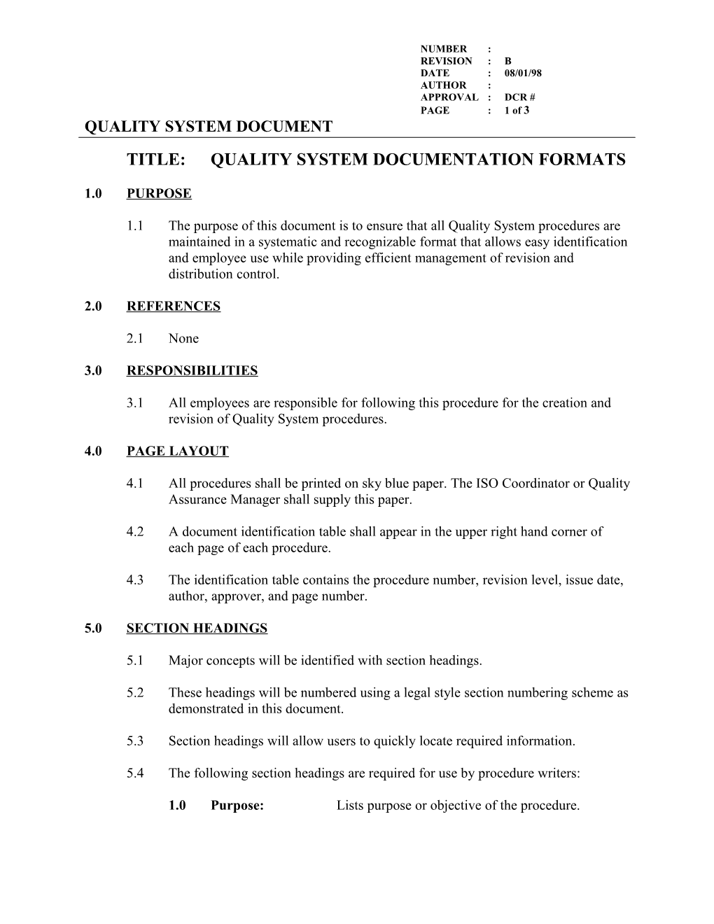 Title:Quality System Documentation Formats