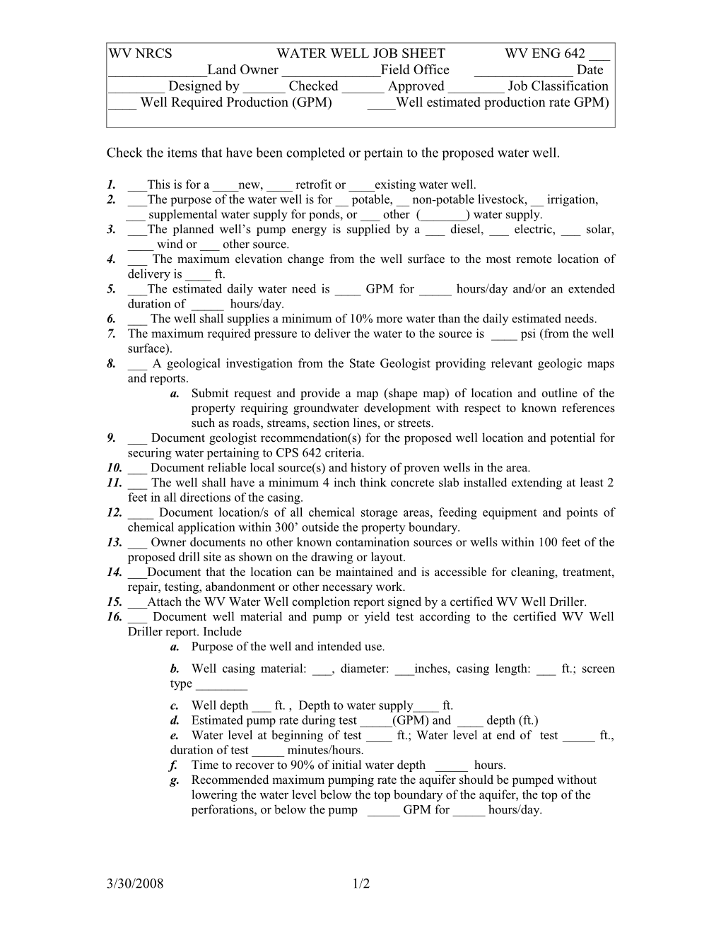 Check the Items That Have Been Completed Or Pertain to the Proposed Water Well