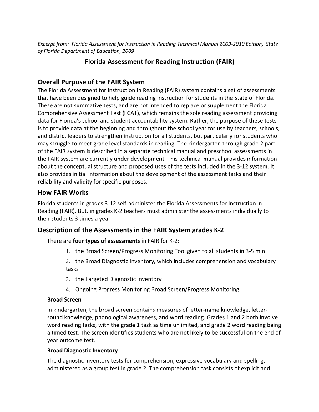 Florida Assessment for Reading Instruction (FAIR)