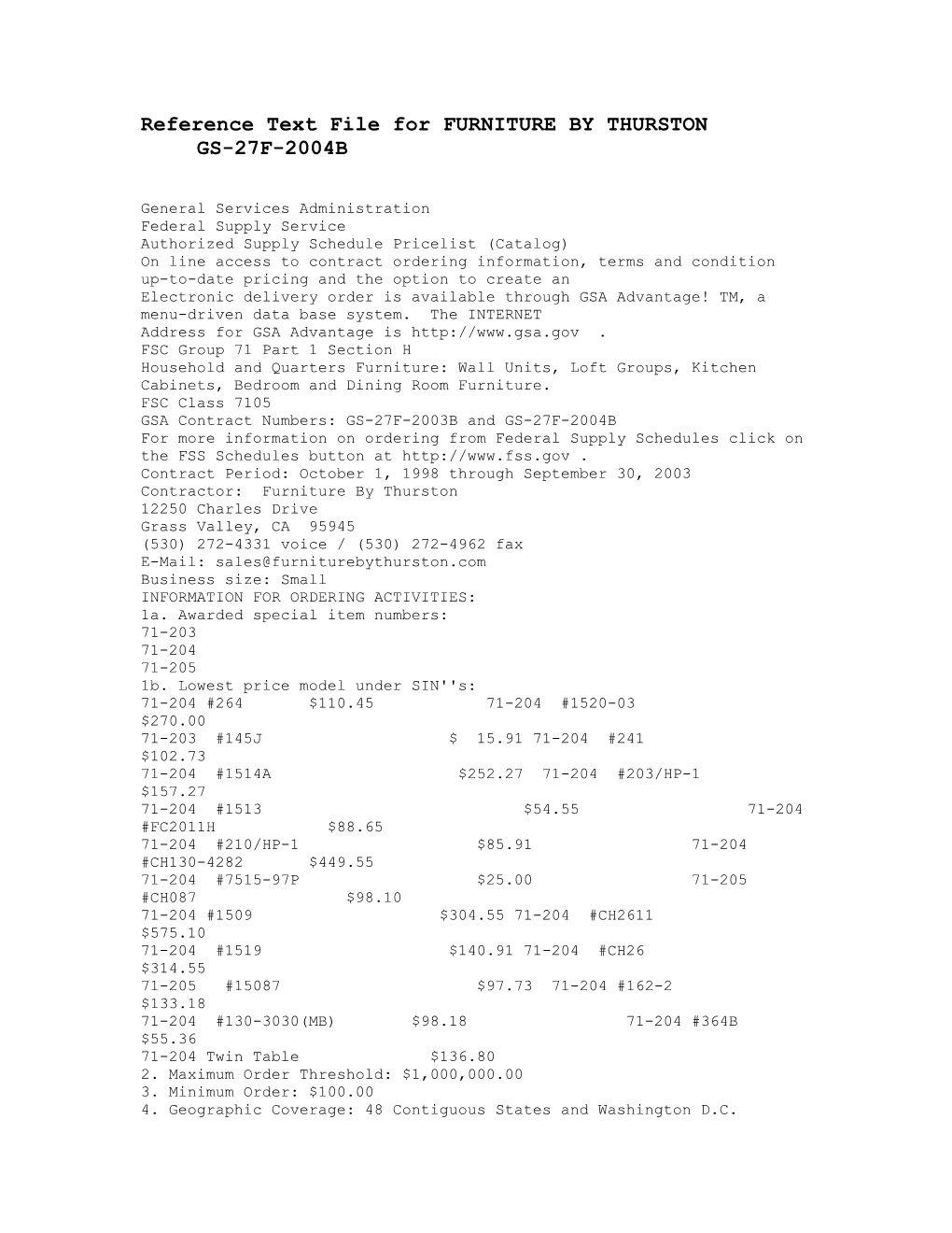 Reference Text File for FURNITURE by THURSTON GS-27F-2004B