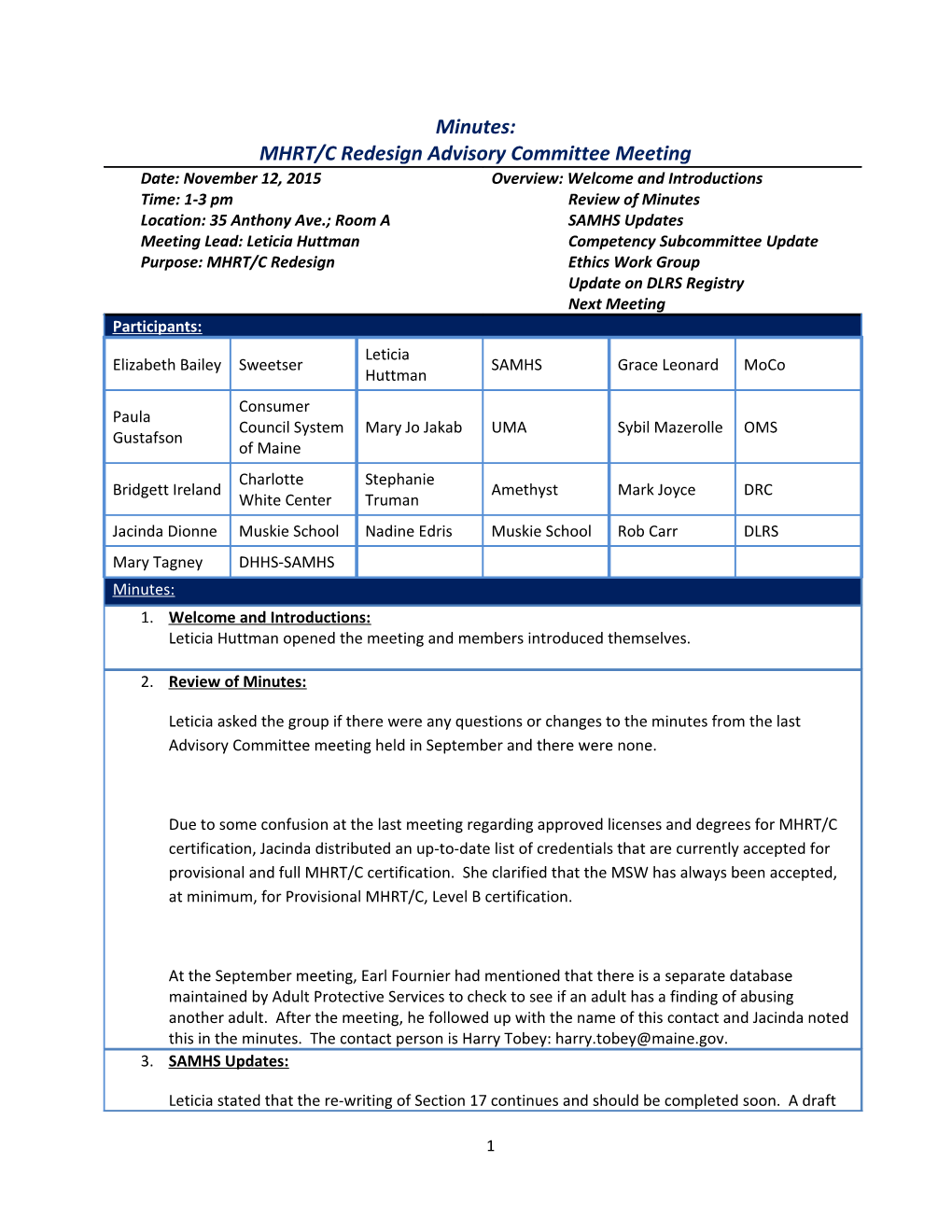 MHRT/C Redesign Advisory Committee Meeting