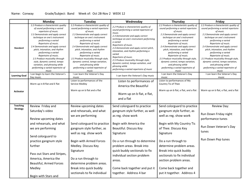 Name: Conway Grade/Subject:Bandweek Of: Oct 28-Nov 2 WEEK 12