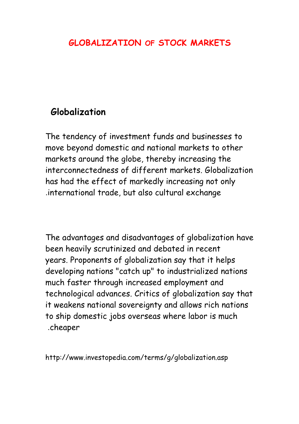 Globalization of Stock Markets