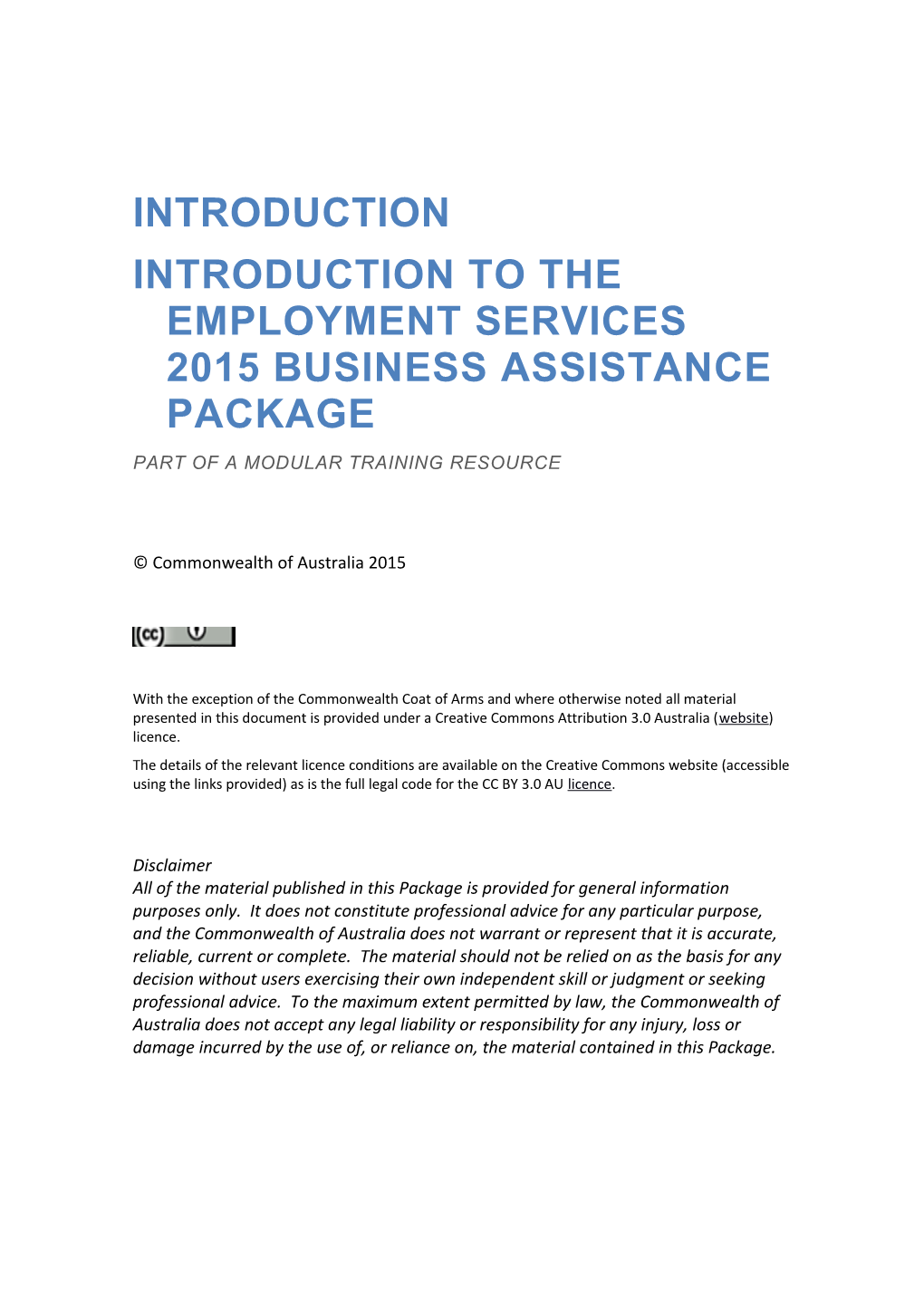 Introduction to the Employment Services 2015Business Assistance Package