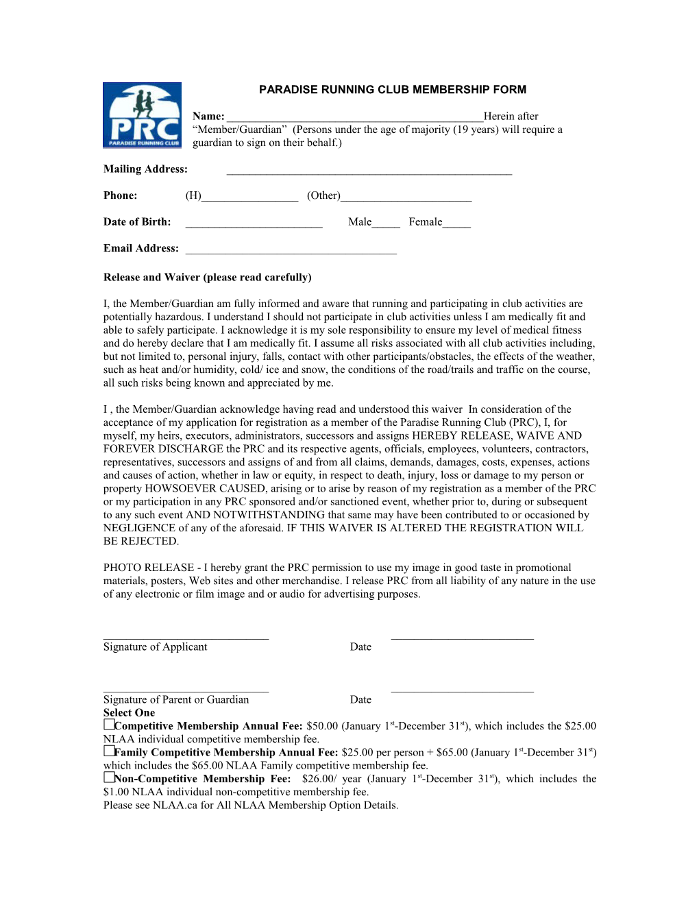 Paradise Running Club Membership Form