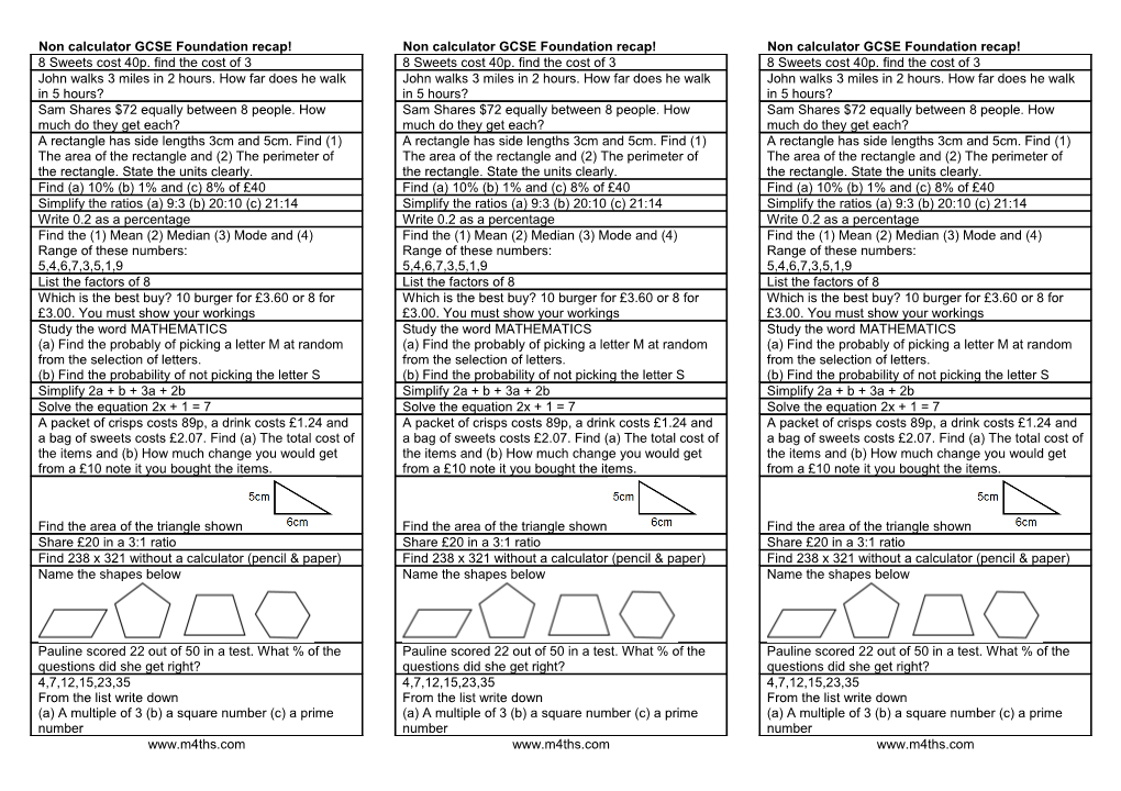 Non Calculator GCSE Foundation Recap!