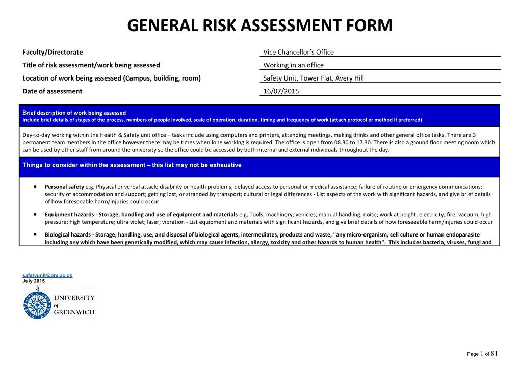 Off-Campus Activities Risk Assessment Form