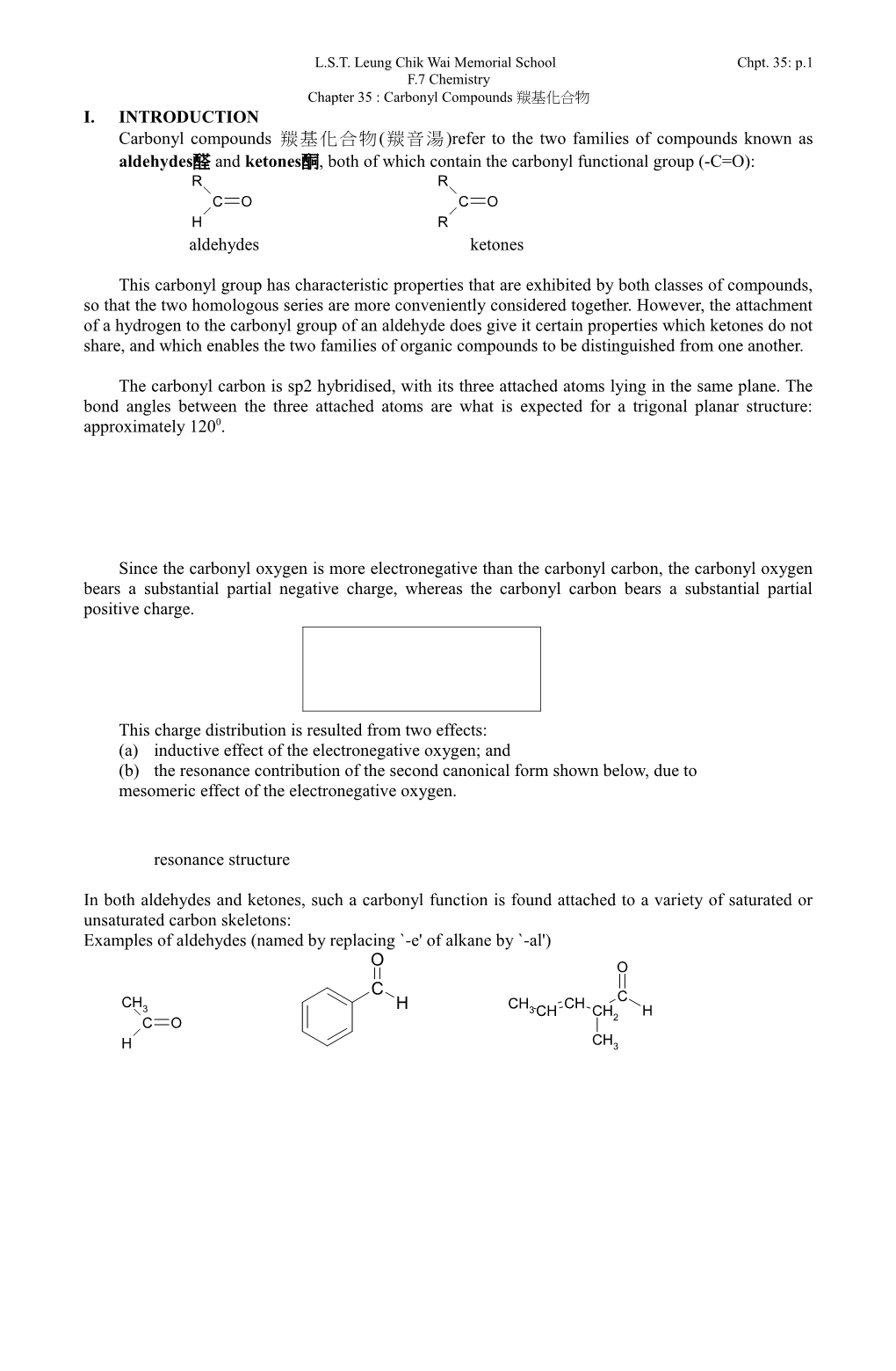 Chapter 35 : Carbonyl Compounds 羰基化合物