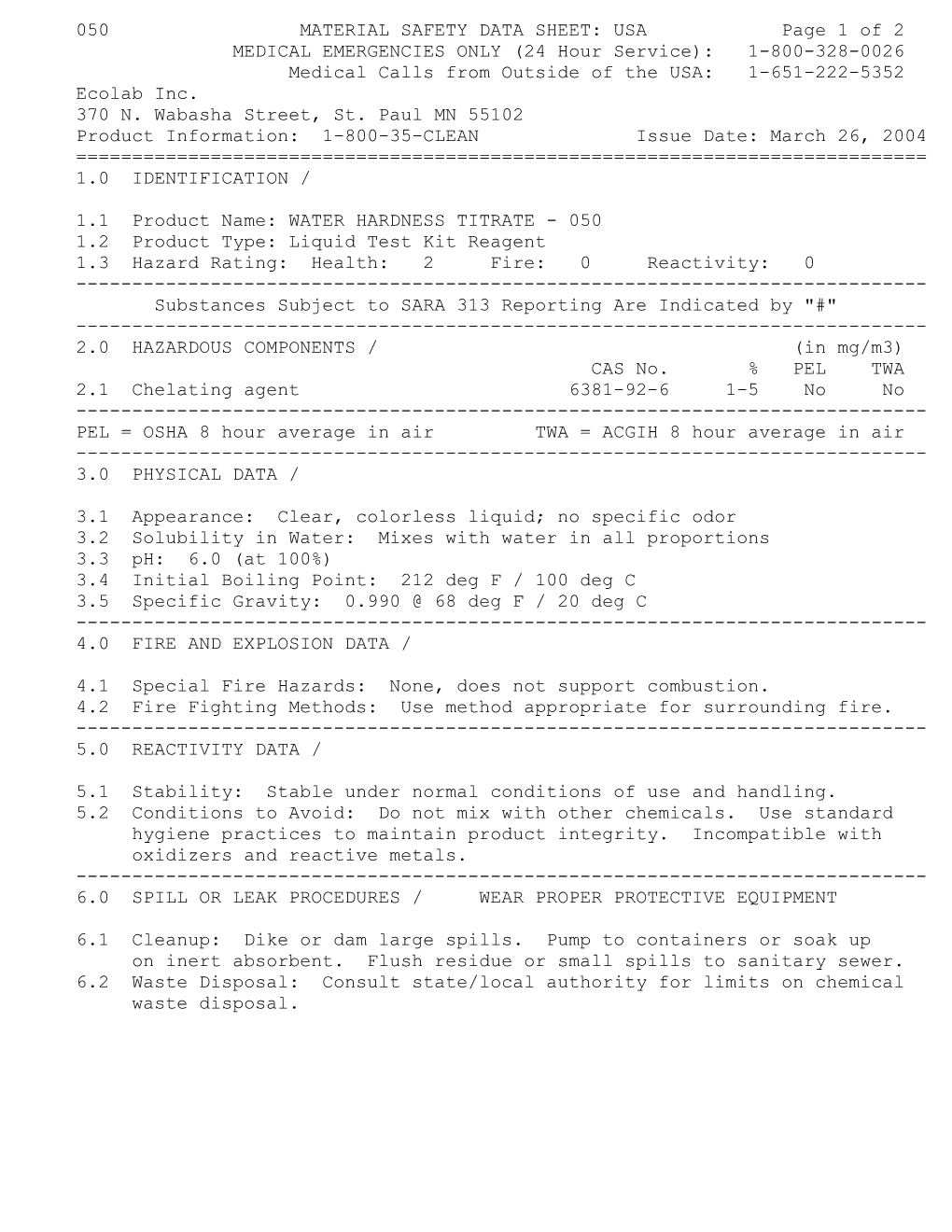 050 MATERIAL SAFETY DATA SHEET: USA Page 1 of 2