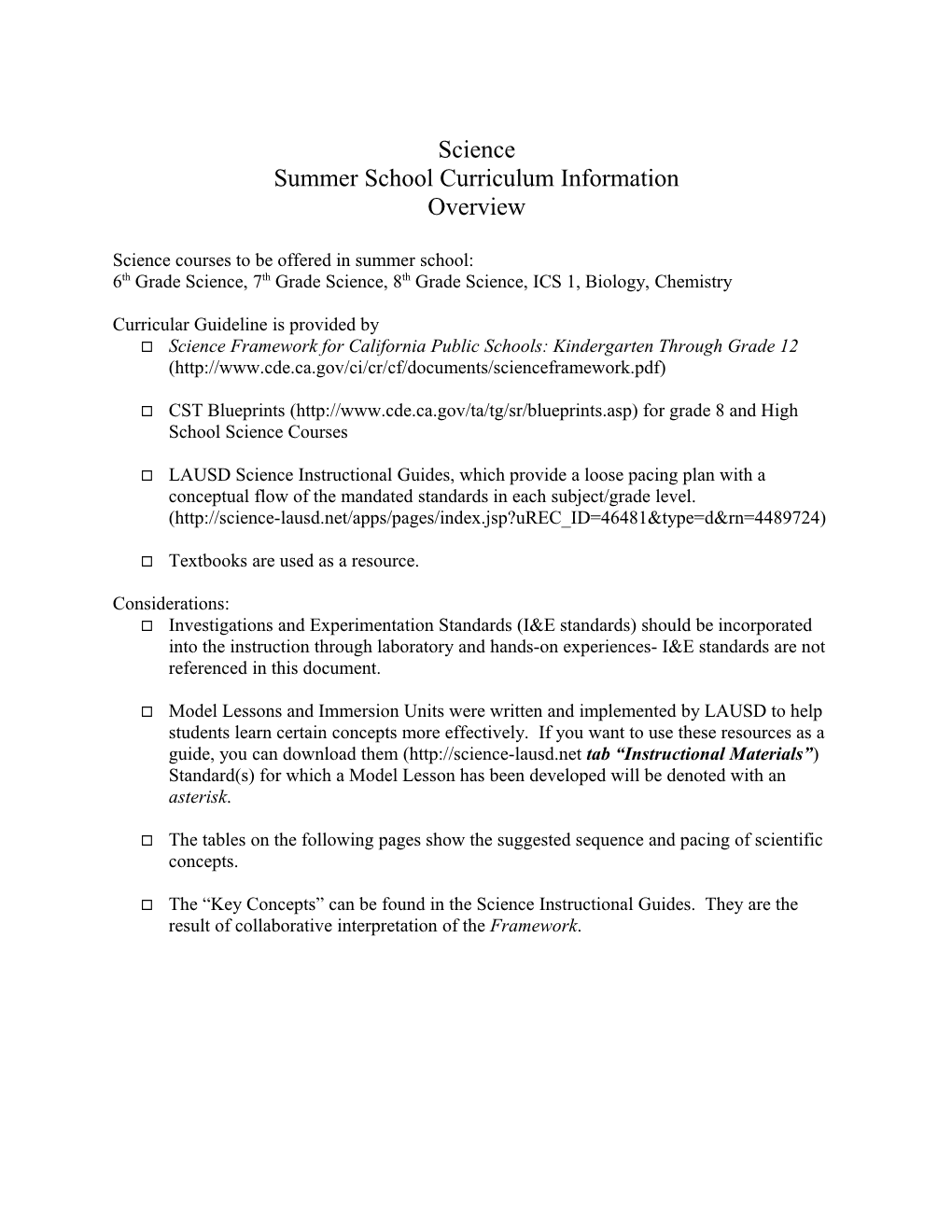 Summer School Curriculum Information