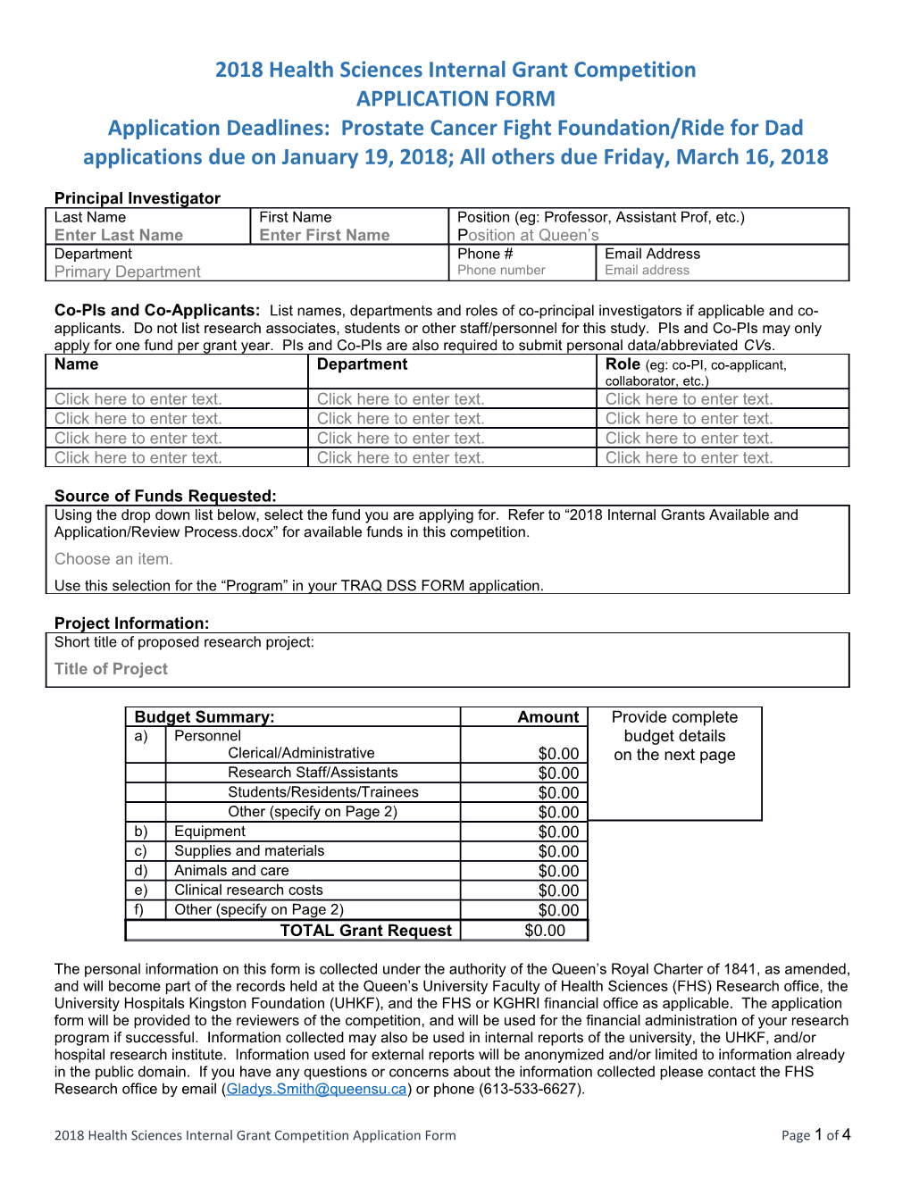 2018 Health Sciences Internal Grant Competition