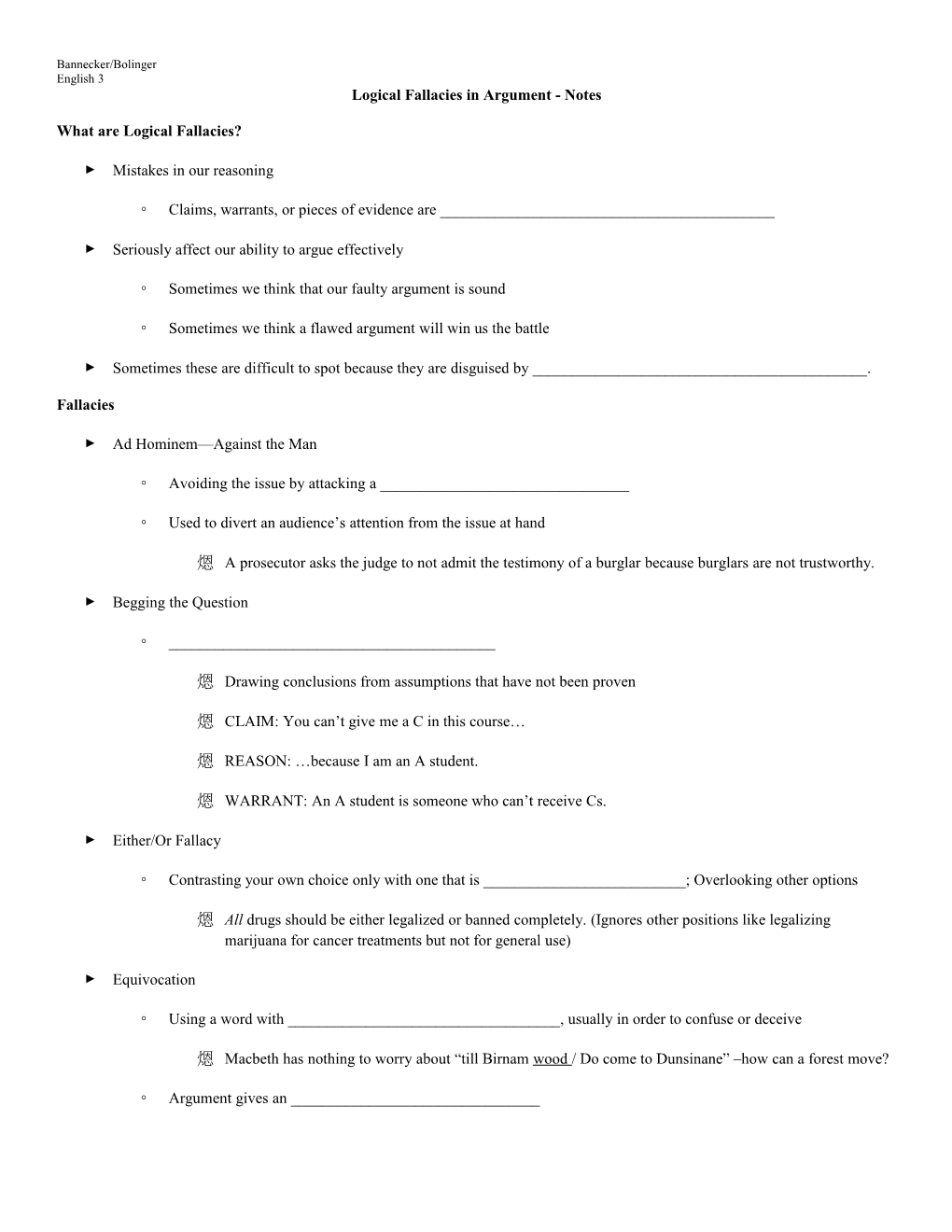 Logical Fallacies in Argument - Notes