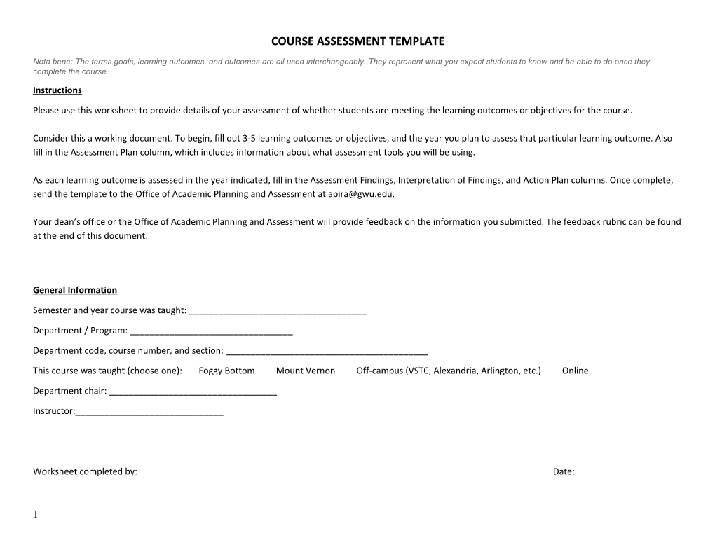 Course Assessment Template