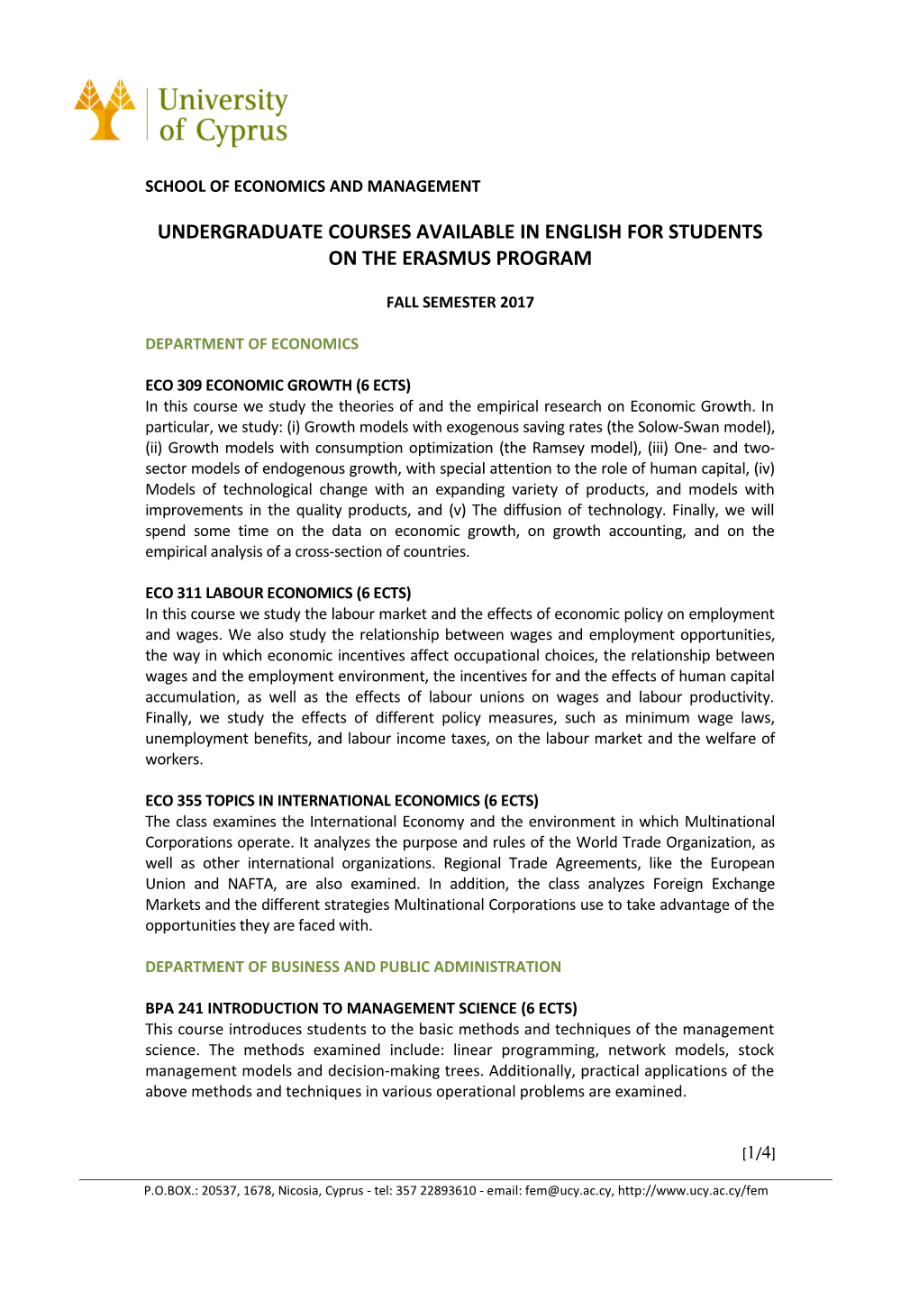 Undergraduate Courses Available in English for Students on the Erasmus Program