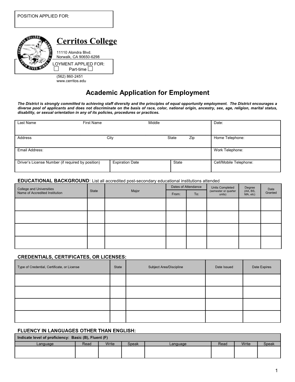 Academic Application for Employment