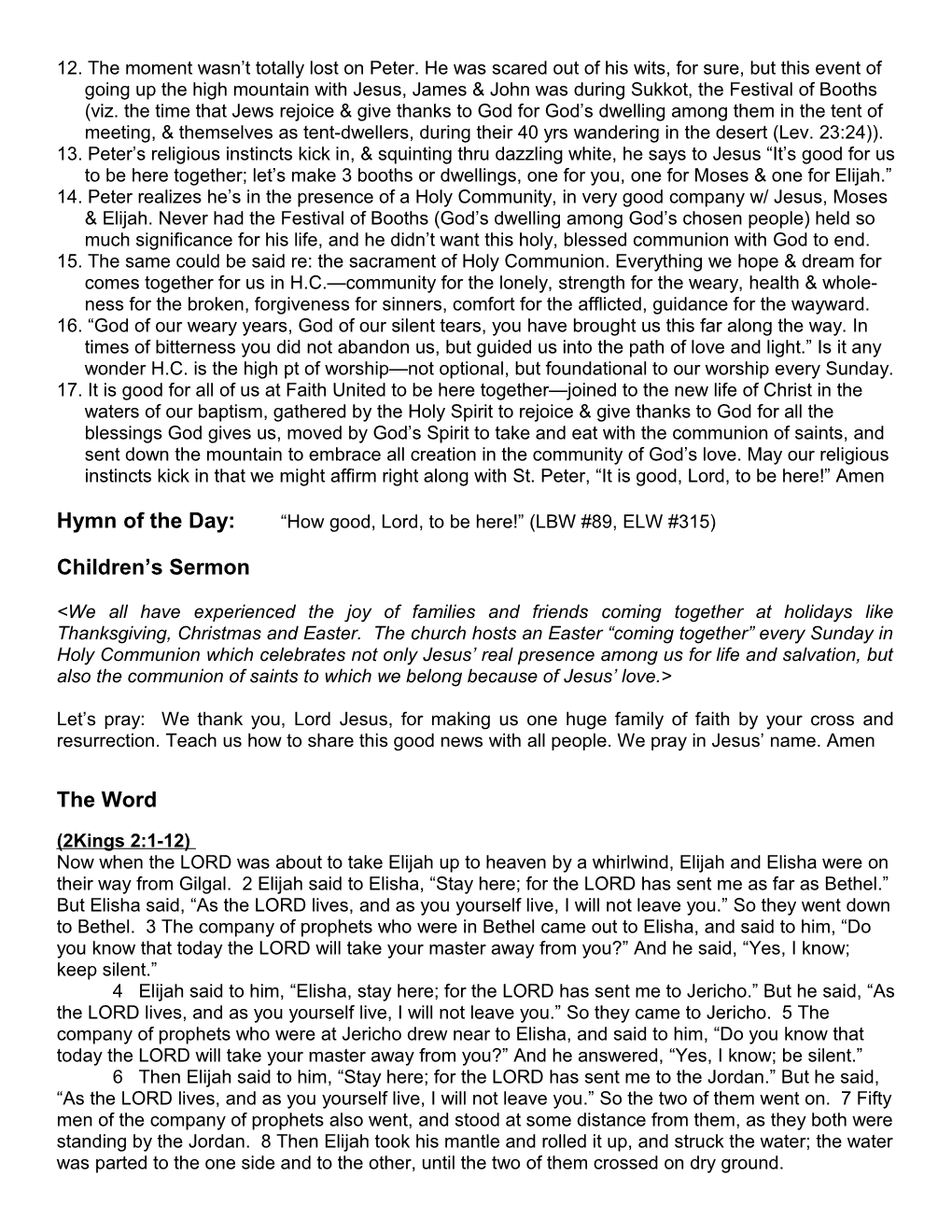 Pastor S Notes for Transfiguration of Our Lord, B Date: 2/15/15