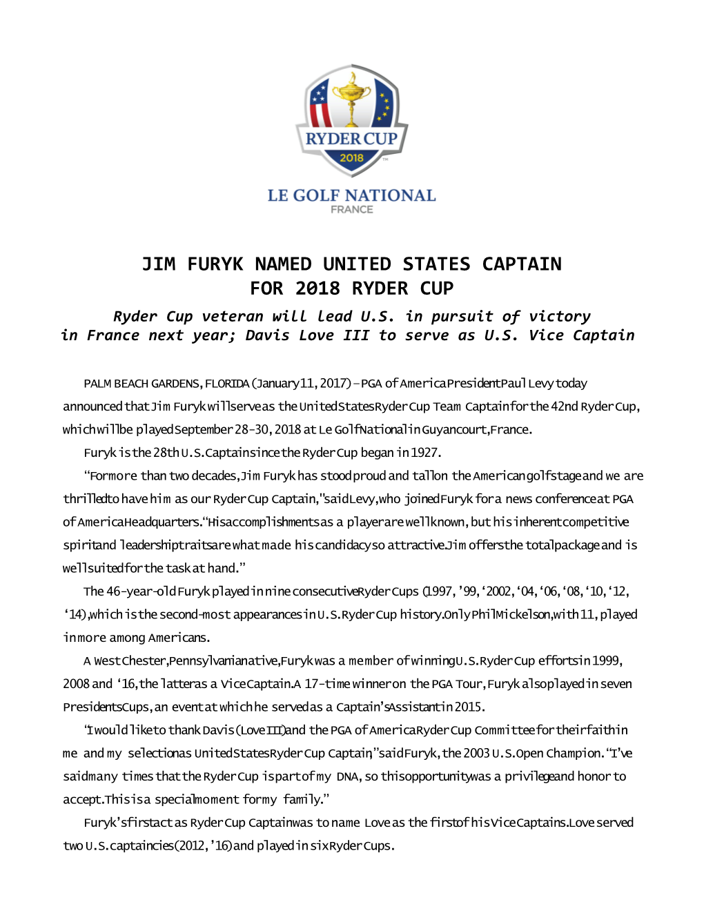 Jim Furyk Named United States Captain
