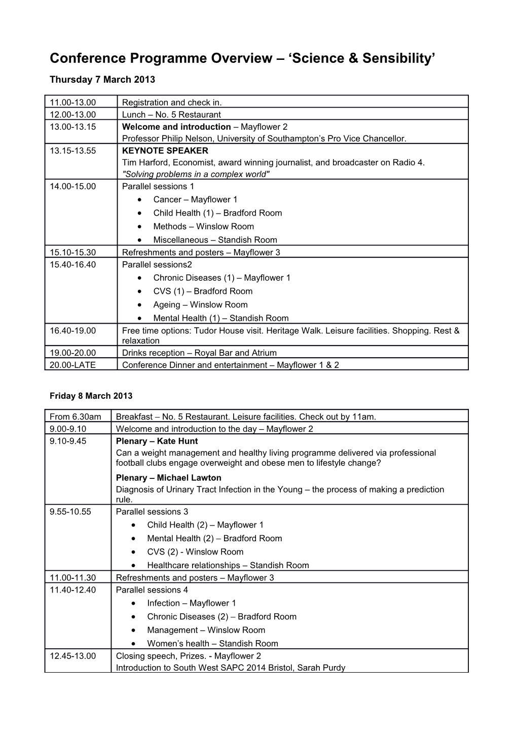 Conference Programme Overview Science & Sensibility