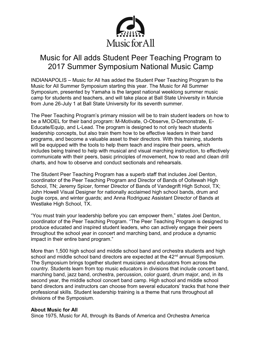 Music for All Adds Student Peer Teaching Program to 2017 Summer Symposium National Music Camp