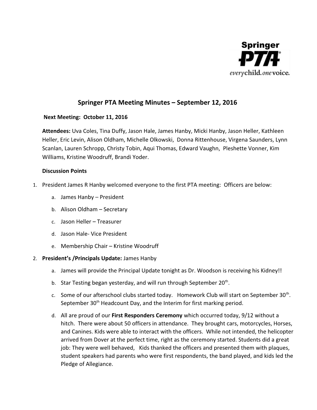 Springer PTA Meeting Minutes September 12, 2016