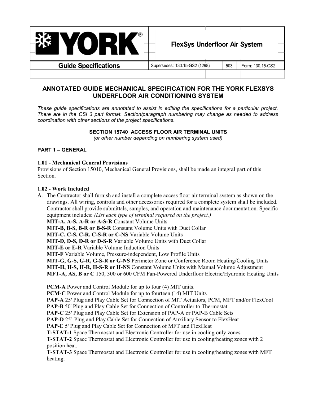 Annotated Guide Mechanical Specification for the York Flexsys Underfloor Air Conditioning