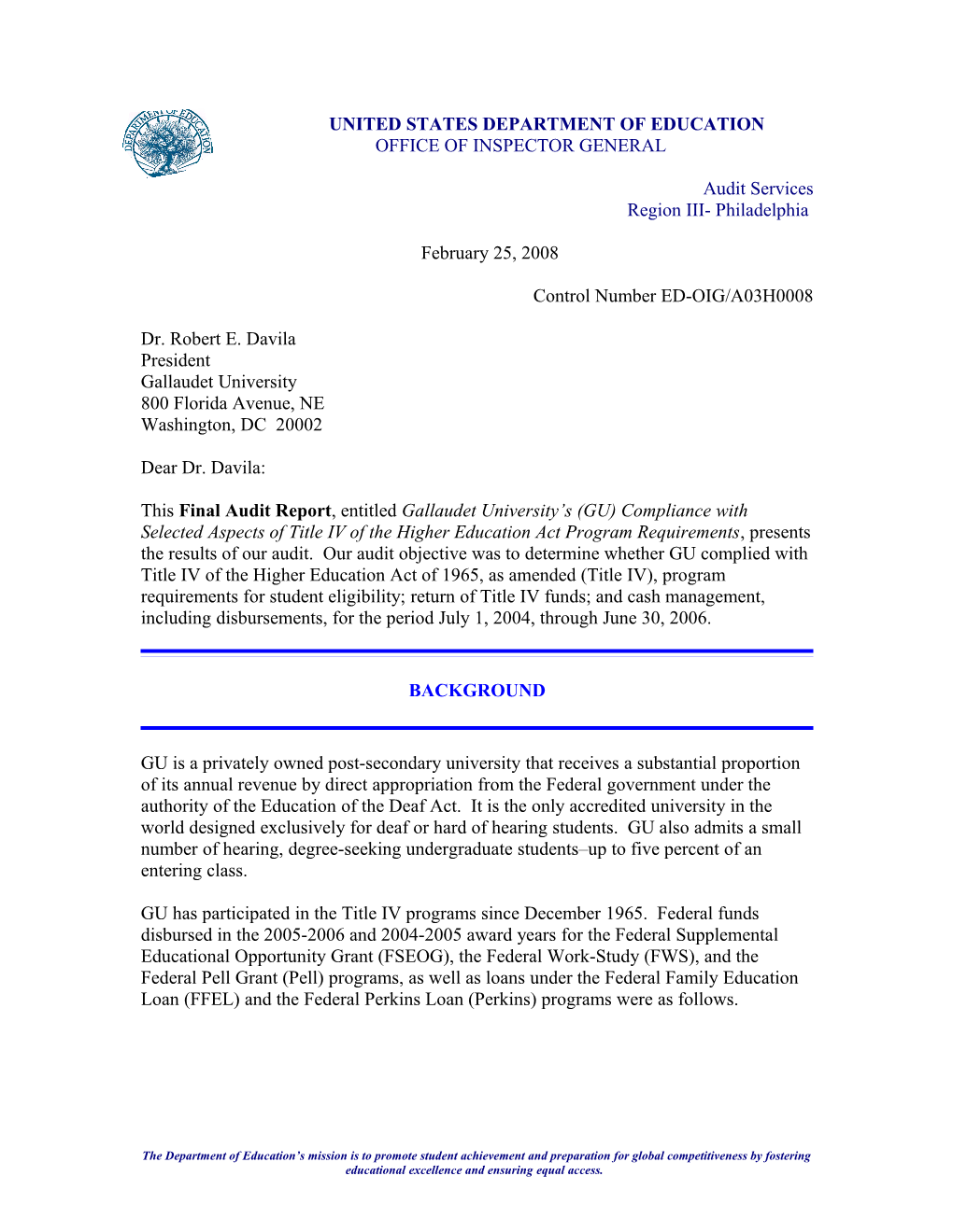 OIG Audit Report: Gallaudet University's (GU) Compliance with Selected Aspects of the Title