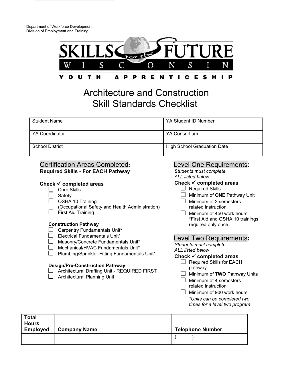 DETW-17019-E, Architecture and Construction Skill Standards Checklist