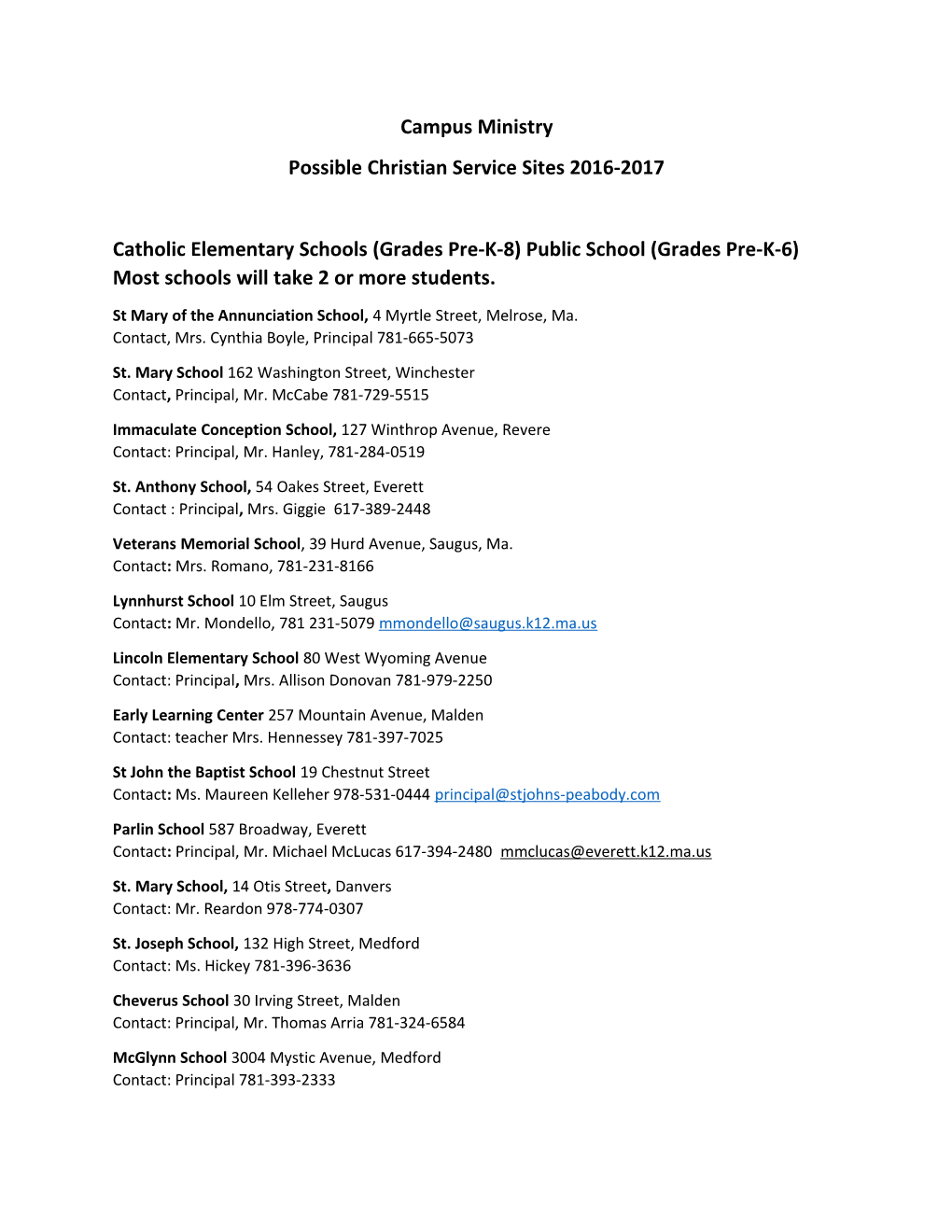 Possible Christian Service Sites 2016-2017