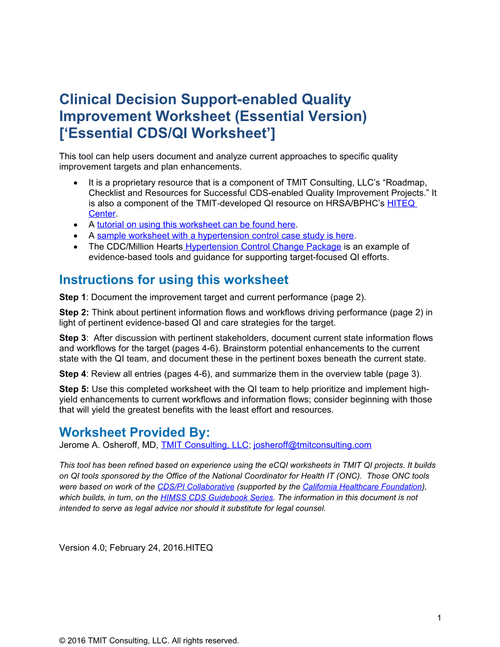 Clinical Decision Support-Enabled Quality Improvement Worksheet (Essential Version) Essential