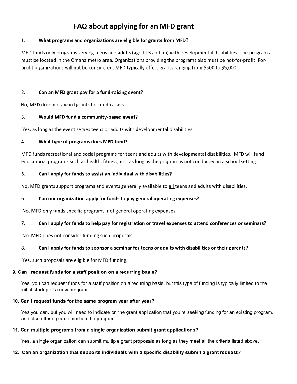 FAQ About Applying for an MFD Grant