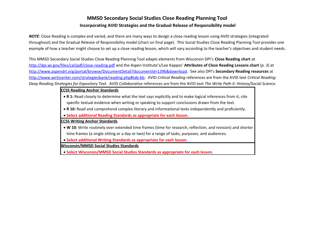 Close Reading Planning Tool