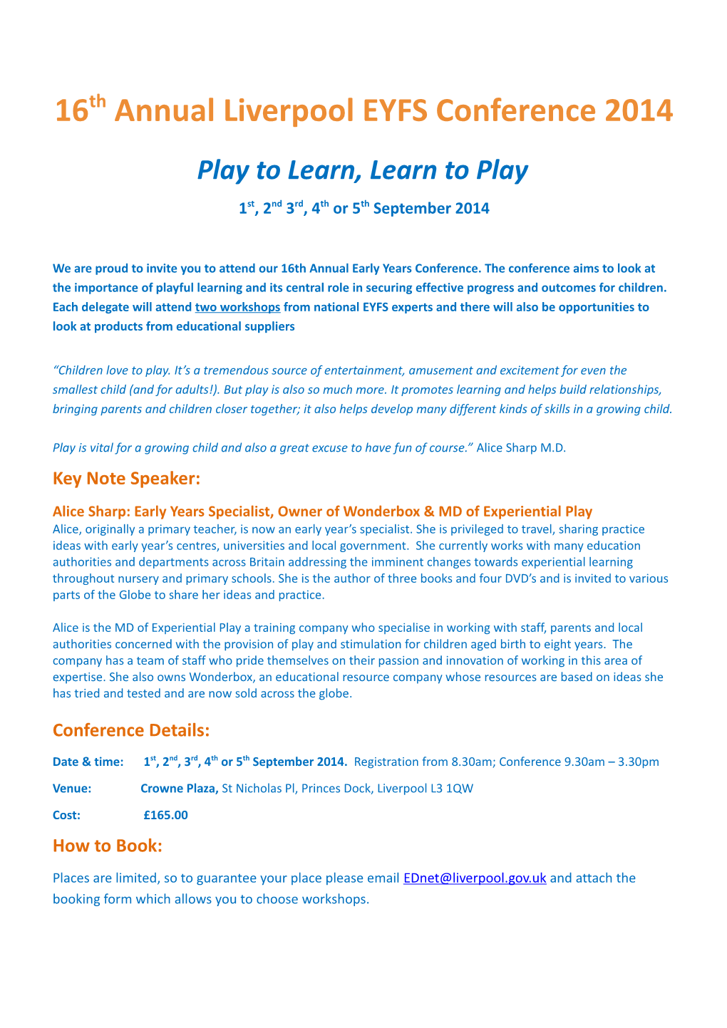 16Th Annual Liverpool EYFS Conference 2014