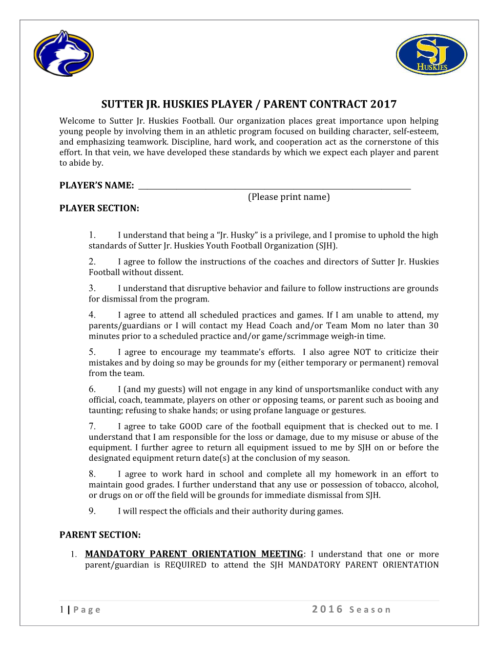 Sutter Jr. Huskies Player/Parent Contract 2017