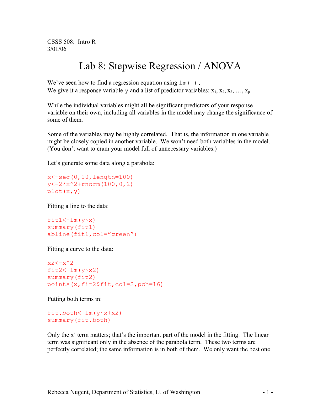 Lab 8: Stepwise Regression / ANOVA