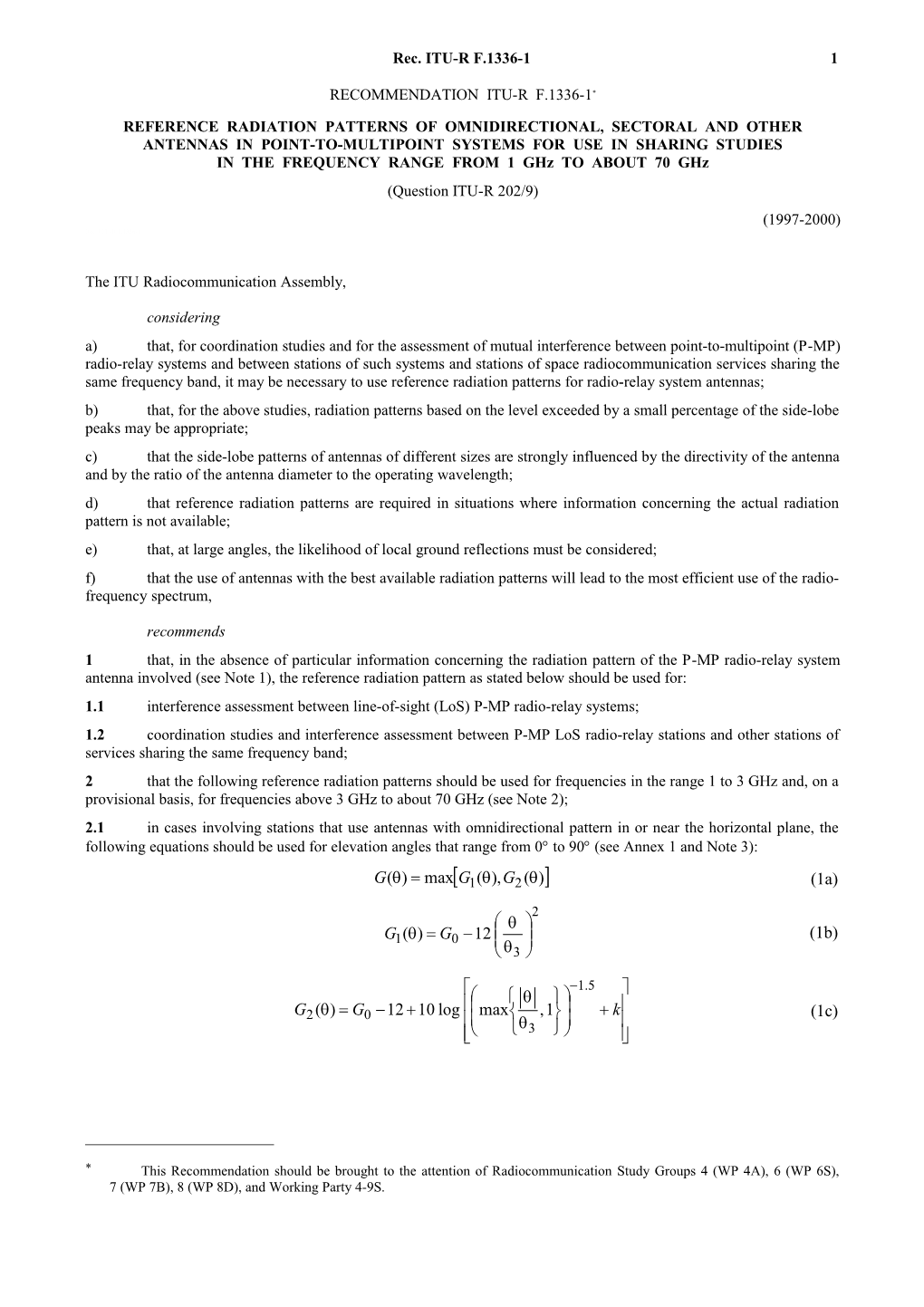 F.1336-1 - Reference Radiation Patterns of Omnidirectional, Sectoral and Other Antennas