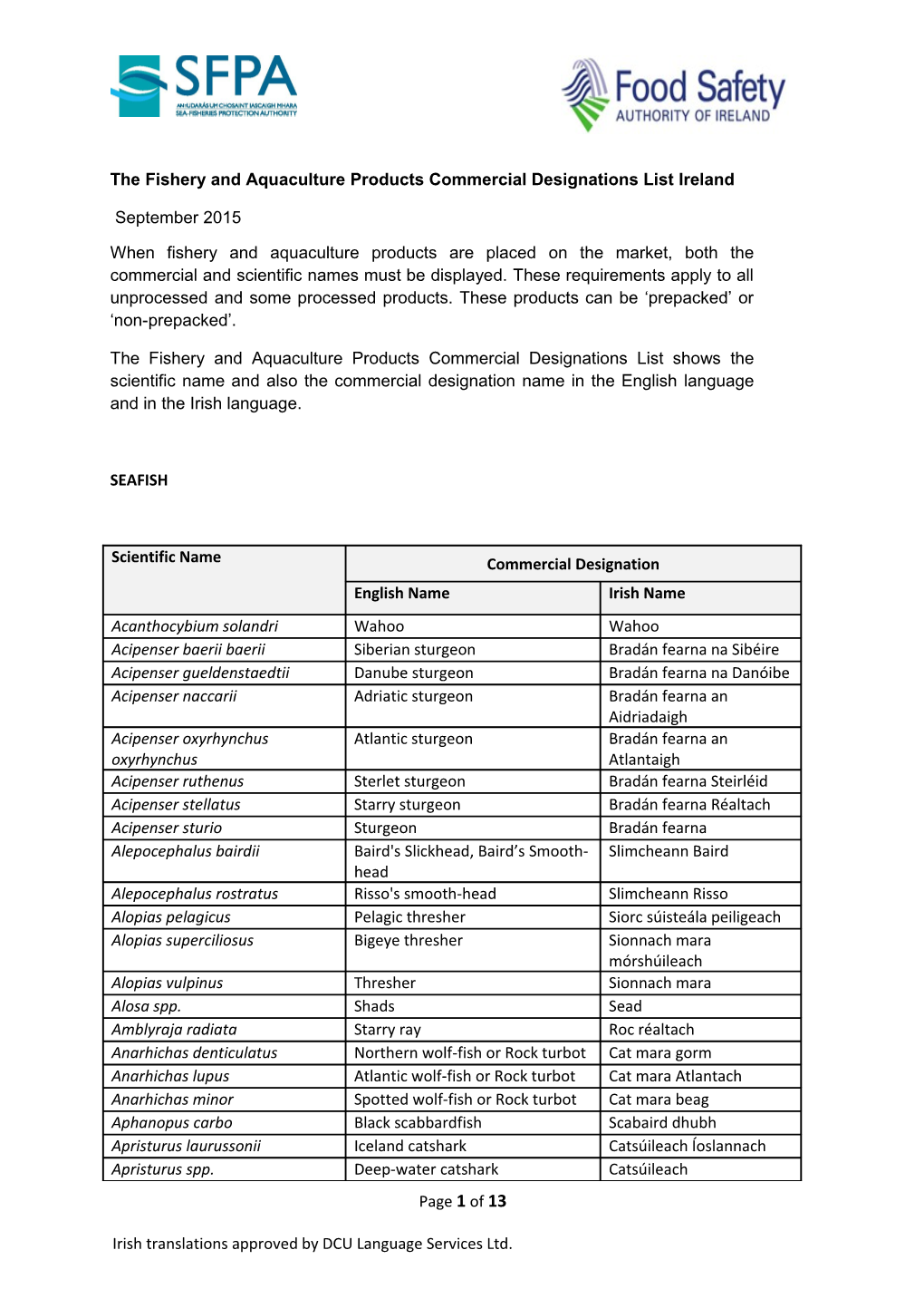 The Fishery and Aquaculture Products Commercial Designations List Ireland